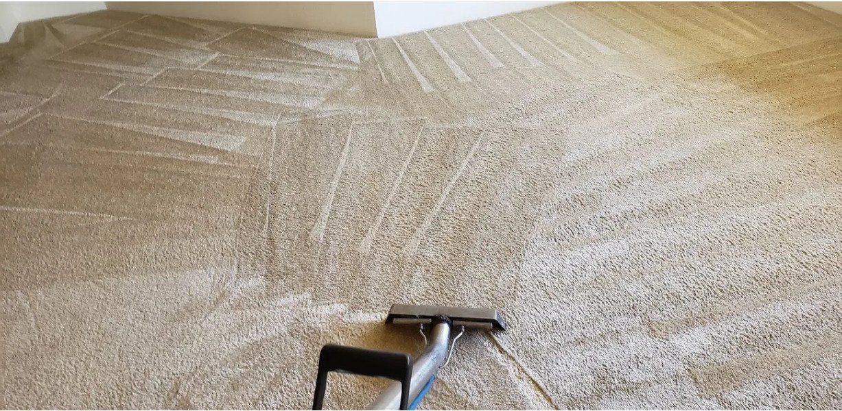 Carpet being vacuumed with a black vacuum head on a beige floor