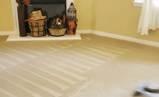 Empty beige room with carpet, sunlight across the floor, and baskets near the fireplace.
